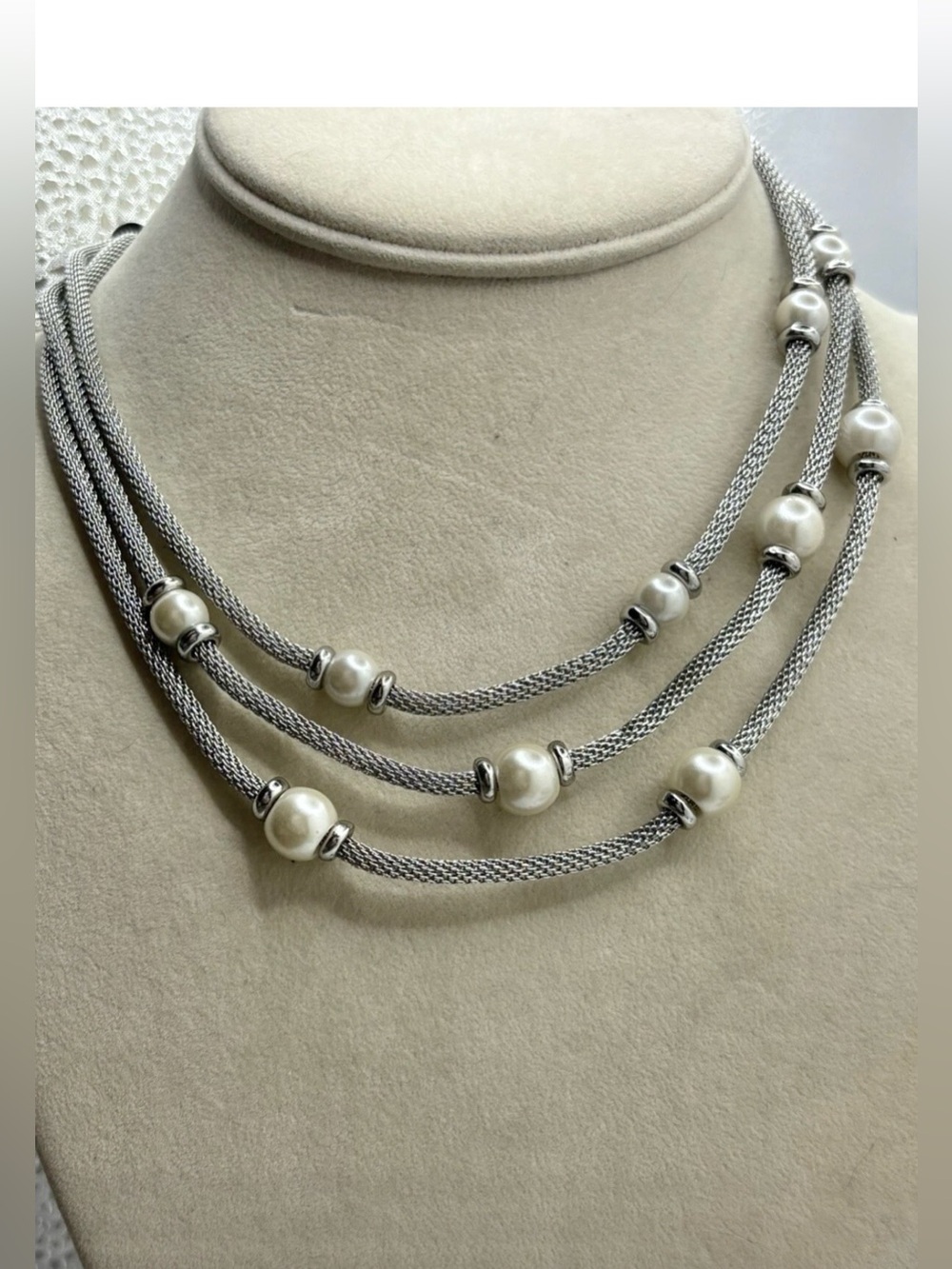 Anne Klein Silver-Tone Multi-Strand Necklace with White Pearl Beads